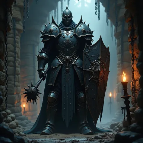 “Ultra realistic A towering knight clad in an intricately detailed, intimidating black armor, every plate etched with ominous runes and baroque designs that hint at both power and dread. His imposing figure dominates the damp, shadowy dungeon, where faint ...