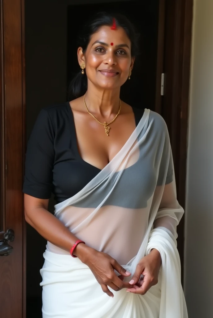 photo of Voluptuous Mature Indian Aunty with dusky skin, wearing Transparent white saree and Black Blouse, showing her large U cut Cleavage, Sindoor on her forehead, Hair Tied behind, bare cleavage show nude