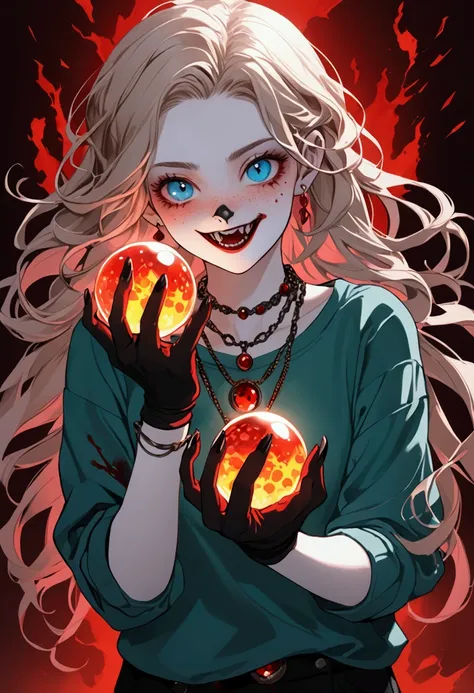  A teenage girl from My Hero Academi ,  pale skin with freckles and pink cheeks ,  messy long hair , ash blonde,  blue eyes, fangs, orejas de lobo, wolf tail, She has a green sweatshirt , a black shirt,  ripped black pants , red shoes,  fingerless gloves ,...