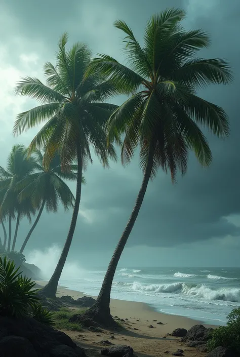 Palm trees being pushed by the extremely strong wind