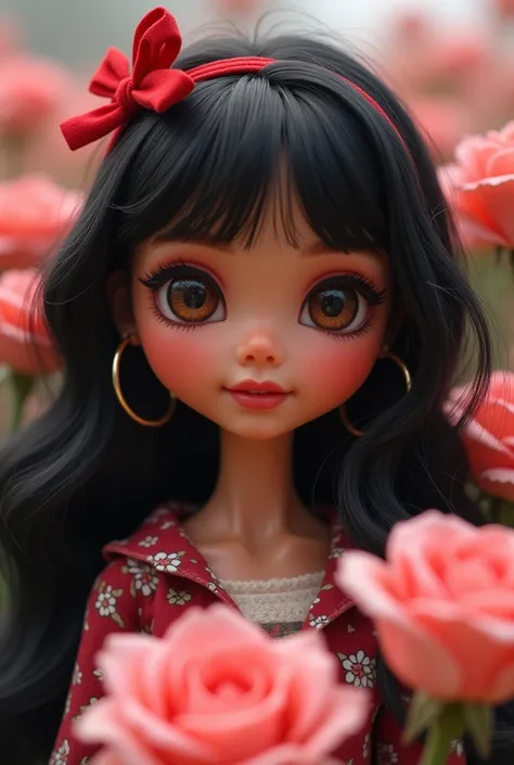 Create a  girl , blush,  long black and semi-wavy hair ,  big eyes with abundant eyelashes and a small nose,  thin and abundant eyebrows ,  tan skin color , with bangs,  and a red ribbon on her head ,  with hoop earrings , big pink lips,  in a rose garden ...