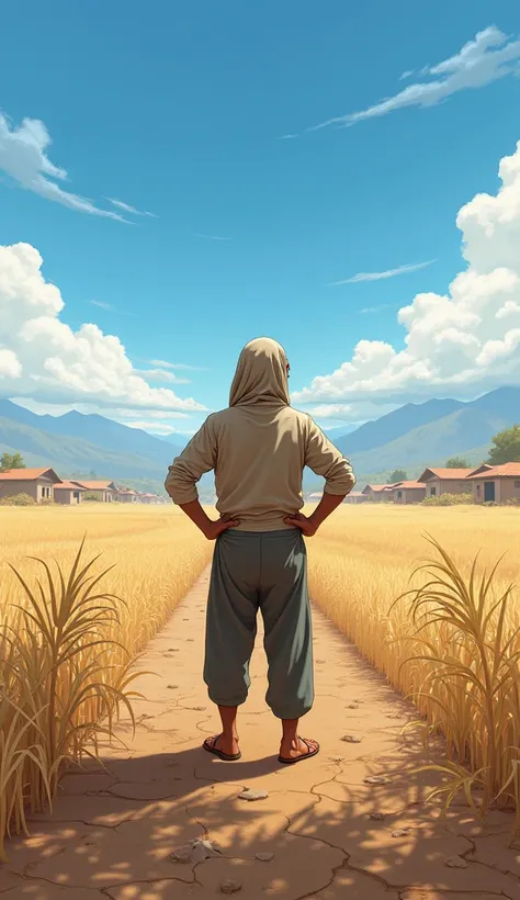 A rural village with a vast, dry field. A farmer in his late 40s stands in front of his barren crops, looking troubled under the bright sunlight. He wears simple rural clothes and a traditional head covering, staring at the cracked earth with his hands on ...