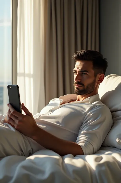  Ultra-realistic image (8k) Handsome man lying on a bed with a cell phone.