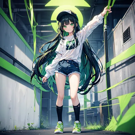 A teenage anime girl ,Standing straight، with a cute smiling face, green eyes, very long black hair And tidy , and wearing a white shirt. short denim Jeans، Skinny thigh، and green socks with sneakers، Green hip hop hat
