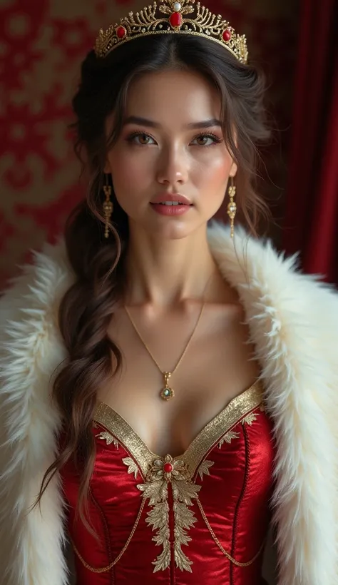 Photorealistic portrait of a beautiful woman, 25 years old, ral-santa, princess santa, a woman in a red and gold dress and fur stole, royal and elegant 