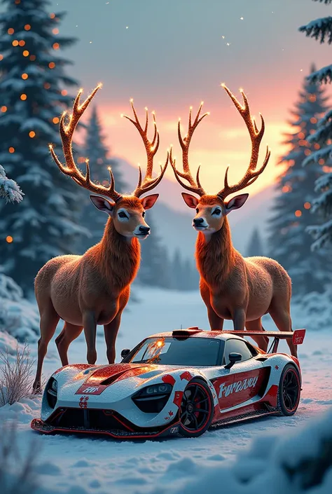 Create a Christmas scene with a complete history, cool, wild, with cool cars and deer.