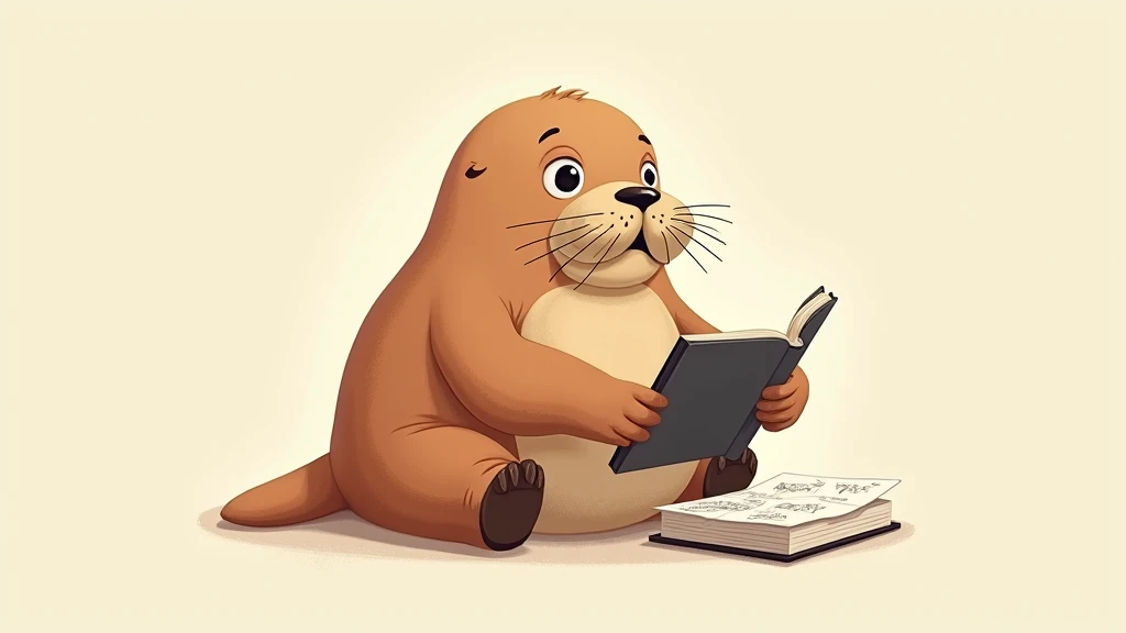 Cute illustration of a walrus sitting looking at a notebook、