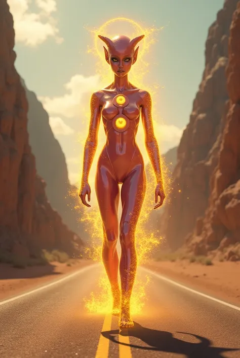 "Create the image of an alien being with fesihumanoid features, with synthetic fuchsia salmon leather ,  standing in the middle of a road between desert mountains .  This being emanates a golden energy that comes out of three spheres in its body,  all surr...