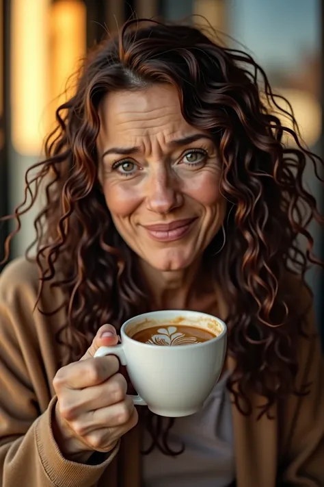 HDR cinematic image zoom portrait of the scene of a 40-year-old woman with dark circles 
Tired ,  some wrinkles on her forehead she has long dark brown curly hair and the woman is smiling while having coffee outside the window in the morning with a light c...