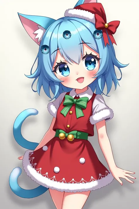 Sky blue haired anime girl with 7 blue eyes with a tail wearing a Christmas outfit 