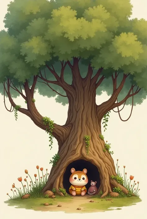 Create an image 

Page 2:
Benny lived in a cozy little burrow under a big tree.

Drawing only