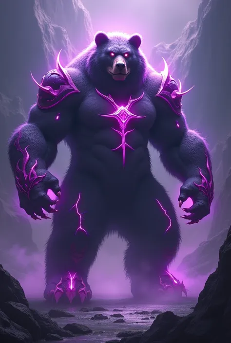 Create a 3d photo of Volibear the character from LOL with a purple theme and a black mountain background like a black purple gradient type reigning purple