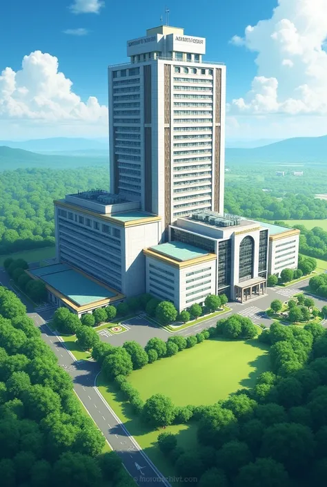  It towers over a large green site、Akimoto Hospital の病棟の写真。 high image quality。 high definition 。Beautiful buildings 。 Sunny。｢Akimoto Hospital ｣ has a prominent sign 。