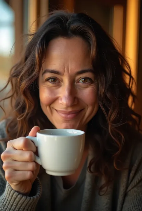 HDR cinematic image zoom portrait of the scene of a 40-year-old woman with dark circles 
Tired ,  some wrinkles on her forehead she has long dark brown curly hair and the woman is smiling while having coffee outside the window in the morning with a light c...