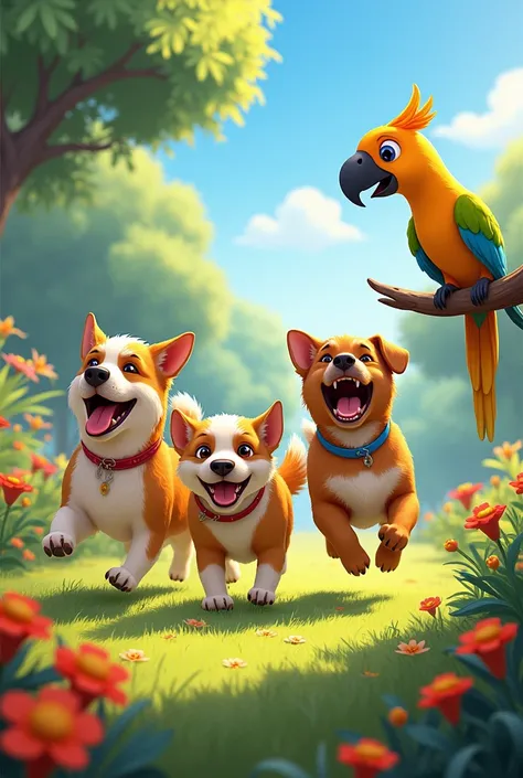 Three playful dogs, Kala, Sita, and Sona, frolicking in a sunlit garden. A colorful parrot, Hariyali, perched on a nearby branch, chirping merrily.