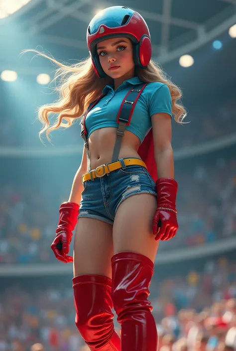  A beautiful acrobatic and dangerous girl ,  wears a light blue and red helmet (In the finals )  she wears a light blue polo shirt under her Jean ,  also wears red gloves ,  vest on the bottom she wears a supermam-style shorts and a yellow belt and boots t...