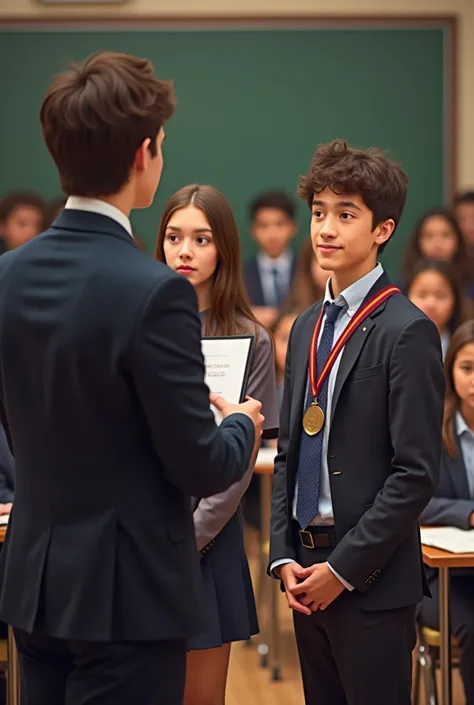 The teacher presents the honors to the two young people in front of the class)
