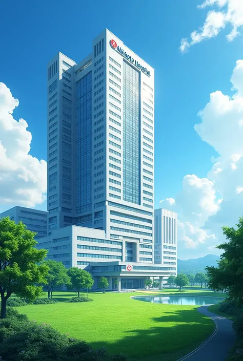  It towers over a large green site、Akimoto Hospital の病棟の写真。 high image quality。 high definition 。Beautiful buildings 。 Sunny。｢Akimoto Hospital ｣There is a large sign with the letters stand out。 Realistic Pictures。