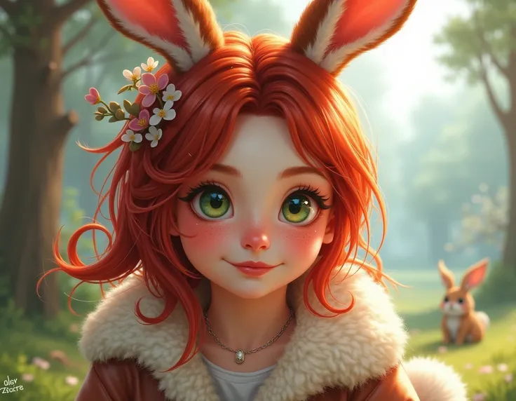 masterpiece), transparent background, best quality, expressive eyes, perfect face, cute, 1girl, green eyes, red lipstick, red hair, short hair, freckles, blush, smiling, animal ear fluff, rabbit ears, street clothes, rabbit hole, miku