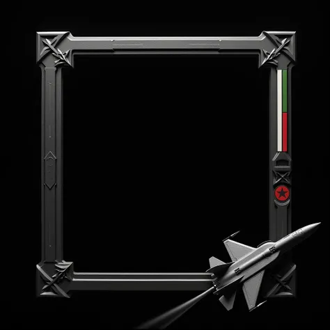 Create a square frame 1024 x 1024 ,  decorative frame inspired by the handle of a futuristic katana.,  black frame ,  in the lower right corner embossed a combat aircraft, gray plane , without leaving the , in the upper left corner create a triangle , with...