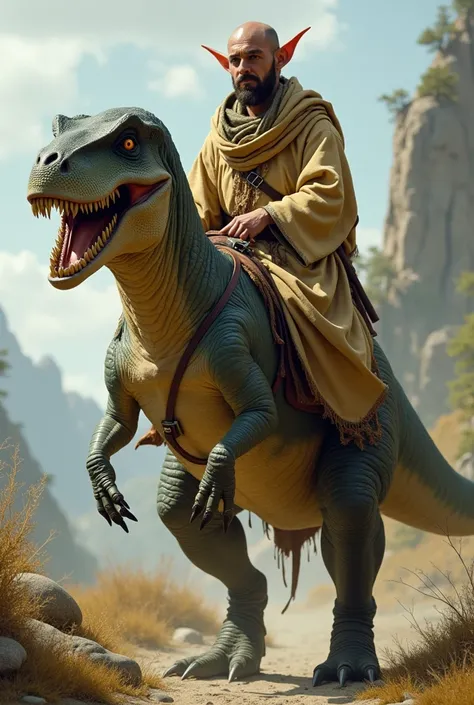 A six foot tall Elf that is a man wearing a robe. he has no facial hair. He is also riding a twenty foot T-Rex with a saddle.