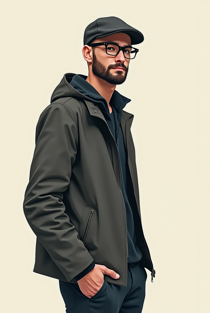   Create me a character for an electronic clothing brand for men.  Make it like a drawing of a man with a flat cap and square lenses, Gringo white person with a little beard ,  Full body  