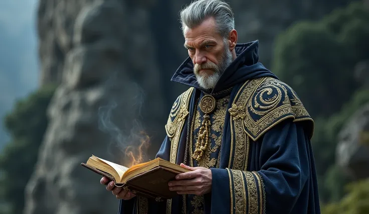 Middle age, male, caucasian, dressed in lavish robes adorned with intricate gold patterns, the sorcerer exudes an air of sly sophistication, with a well-groomed beard and piercing blue eyes.
He took out an old book from his pocket and began to read some st...