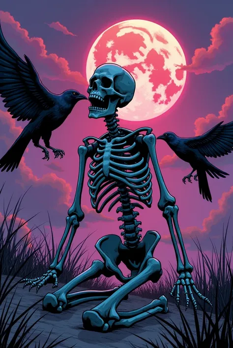 A comic-style skeleton kneeling lonely in a very purple sunset while ravens pick the last small remnant of flesh from the skeleton and the skeleton screams extremely from all the emotional pain
The moon is shining in the background 
The picture should be d...