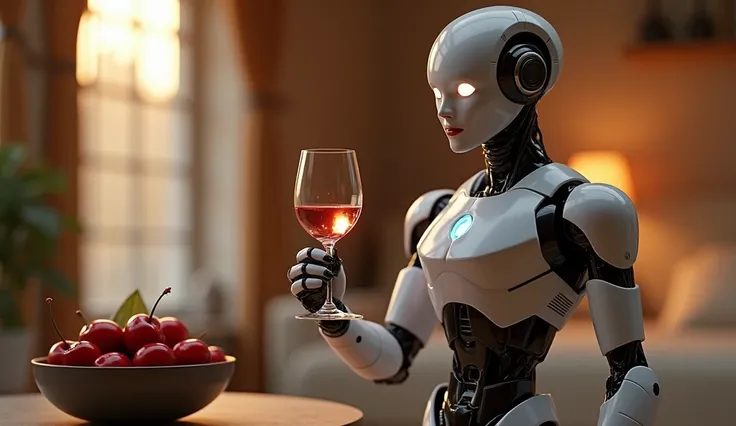 Futuristic Robot Holding a Wine Glass in a Cozy Setting with Soft Lighting and a Bowl of Cherries Nearby