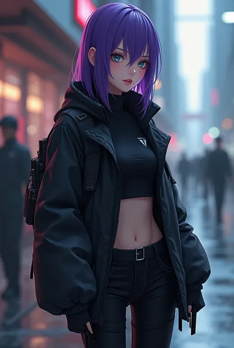 An anime girl character with purple hairs grey eyes age about 18 years very beautiful and pretty a good fighter a perfect slim athletic physique a mastermind with sharp skills and reflexes wearing an outfit like an agent like black clothes not a tight or b...