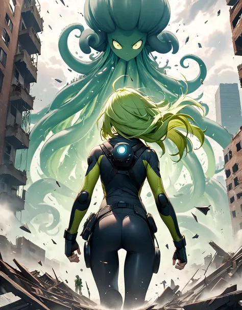  surrealism ，《One Punch Man》 The hero in Tornado was in the center of the picture, and the woman with her back to the screen looked very small，Ms. Tornado is wearing a tight combat suit ，Long green hair flying ，Push your hands forward， releasing a huge tor...