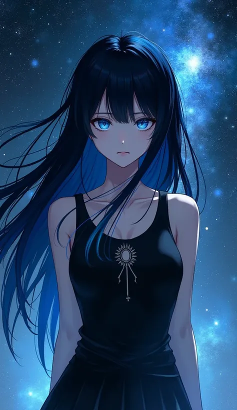 Girl with long black hair with tips painted blue with fringes with strong blue eyes with serious look in black sleeveless t-shirt with neckline in a universe 