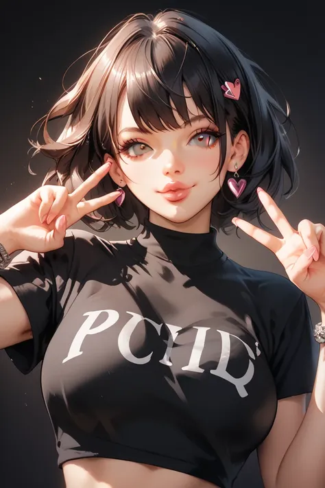 A 18 years old female, sexy body, big boobs, black medium bob hair, pink eyes, peach lips, black torned shirt, black short, black sendals, peace sign pose, dark bedroom background.