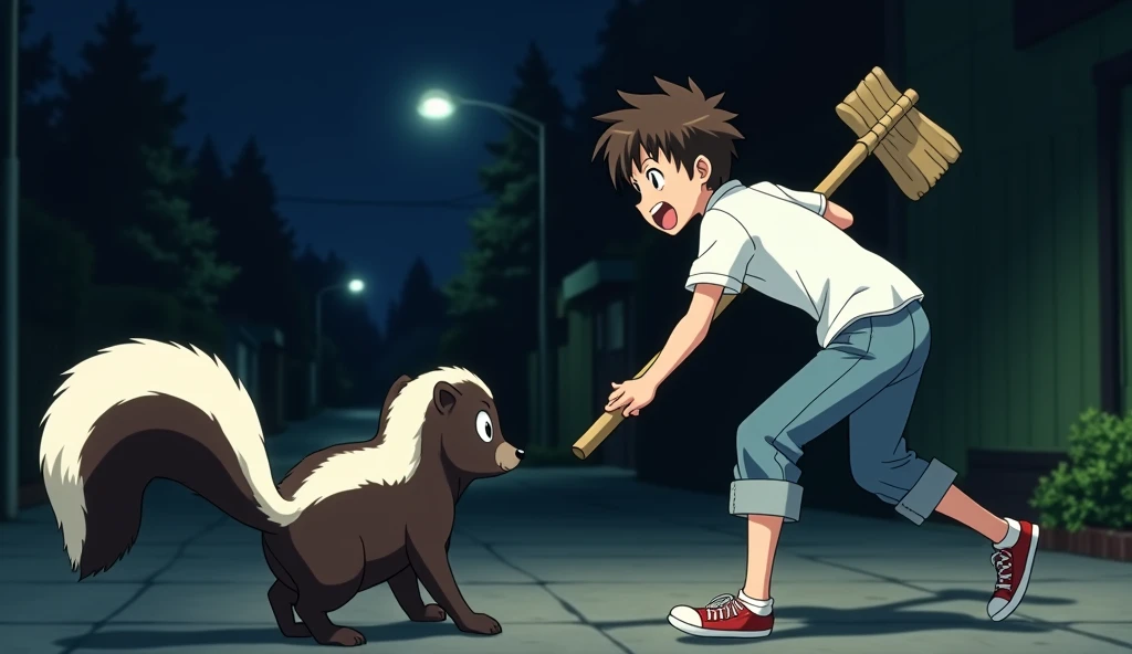 Anime, human chasing a skunk away with a broom at night 