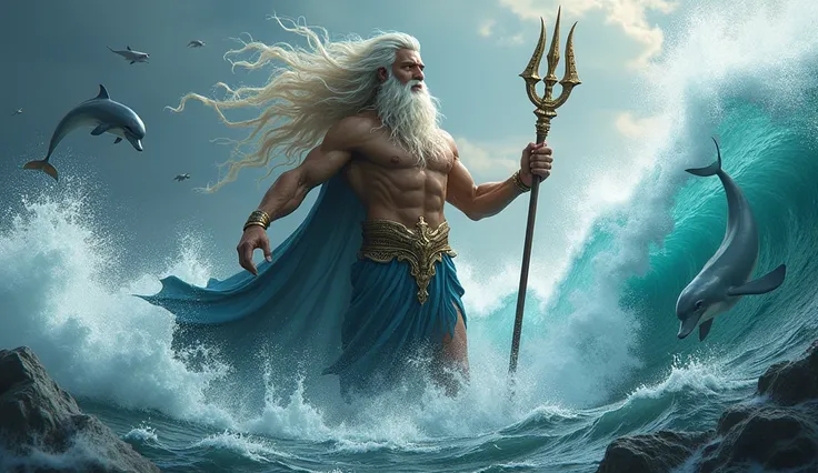 Poseidon, the Greek god of the seas, surrounded by ocean waves