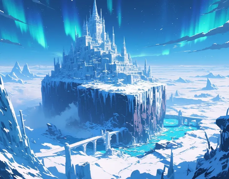 (((A huge ice castle towering on a steep cliff in a vast snowy field is depicted in the center))),The castle is made of shining pale ice、Towers and spires reach into the sky、The intricate ornamentation is carved into the image。The Northern Lights light up ...