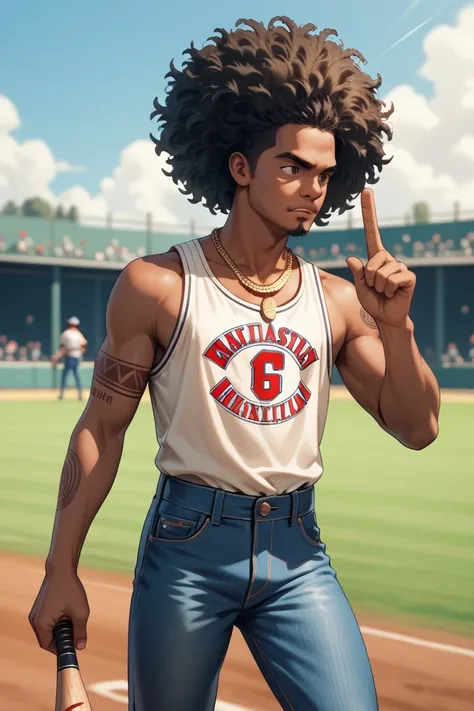 1boy, melanin skin, young adult, tall, handsome, athletic build, medium black afro, gold necklace, plain black tanktop, jeans, baseball bat in hand, goatee, finger wag, tribal tattoo sleeve, baseball field, Masterpiece, High Quality, 