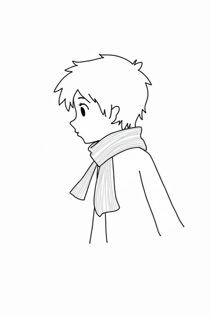 Generate a black and white drawing without a background of the little prince from the 2015 movie The Little Prince that is in profile please and let me see his scarf 