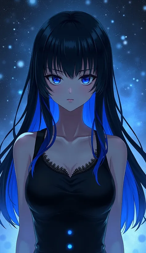 Girl with long black hair with tips painted blue with fringes with strong blue eyes with serious look in black sleeveless t-shirt with neckline in a universe 