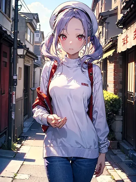 (Approaching:1.3), realistic , best quality,  super detailed, High-quality CG rendering,  THE MOST DELICATE AND BEAUTIFUL ,  high definition , ( 1 girl), ( best quality,4K,8k,masterpiece:1.2), ( light purple hair :1.5),(pretty long pigtails:1.5),( red eyes...