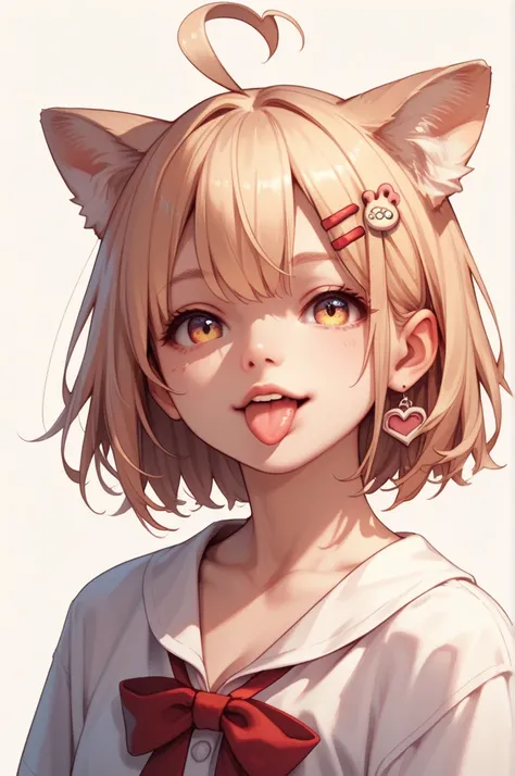  1 girl , chest,  animal ears ,  shortcuts, Ahoge, tongue, Character portrait, ribbon, hairpin, 