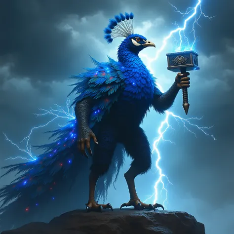 A majestic combination of a peacock and Thor, with dazzling feathers resembling Mjölnirs lightning, holding a hammer-shaped talon, proudly showing a thumbs-up under a stormy sky.