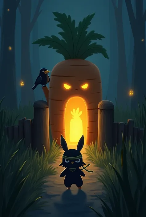 Mimimaru arrives at a mystical carrot-shaped temple glowing faintly in the dark. The temple is surrounded by tall grass and has a glowing golden carrot statue at the center. Perched on the temple gate is a mischievous crow ninja named Karakara. Karakara we...