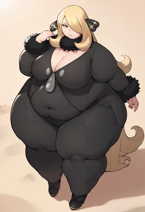 cynthia (pokemon), blonde hair, hair over one eye, very long hair, gray eyes, eyelashes, hair ornament, big breasts, wide hips, ((thick thighs)), fur collar, black coat, fur-trimmed coat, long sleeves, black pants, black shirt, high heels, gentle smile, be...