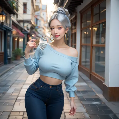 (1 Japanese beauty lady with silvery white hair in an intricate asymmetrical updo), The back of her hair is bunched high and short with the ends fanning out. The left side of her hair frames her face with long, loose strands, while the right side of her ha...