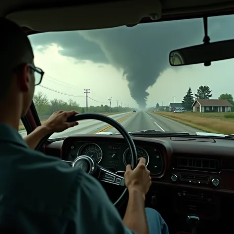 view from the eyes(FPV),  sitting behind the wheel of our old American car,  we see huge tornadoes in front of us 400 meters away , that rips roofs off houses ( midwest our time ), cars are spinning ,trees,stones, giant tornado ,  we are driving along the ...