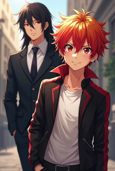 Anime teen boy,  short red and yellow hair , crimson eyes.  White skin with small freckles. 
Leather jacket with red ,  and a white shirt .
Smiling with superiority.
Along with a stocky man anime,  long black hair, dark skin and reddish eyes, tall and in a...