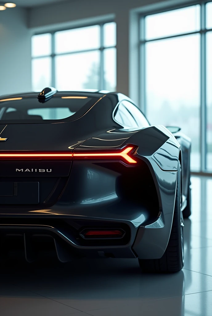 Generate an image of a sleek, black back aerodynamic view of electric sports car with a futuristic design. The rear view should showcase:
>  * A low, aerodynamic profile
>  * Slim, horizontal LED taillights extending across the rear
>  * A prominent diffus...