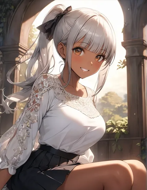 ((dark skinned female:1.3)),  brown eyes, Intricate Details,  Beautiful Detailed Face , blouse, skirt,  watching viewers,  silver Hair , ((side ponytail hair)),  blunt bangs , huge chest, hair ribbon, tan skin, gleaming skin, shiny skin, happy, living,  si...