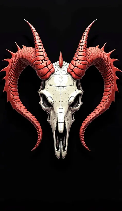   a close up of a skull with a horned head on a black background, Lineart by Sava Šumanović  ,   that appears in a vermilion solid paint car , Gothic art, sleek  dragon head ,  dragon head ,  dragon head !,  Inspired by the Drake Guard ,  draconic design ,...